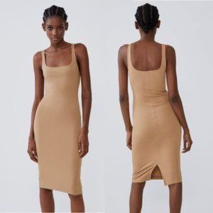 zara square neck midi dress | nude